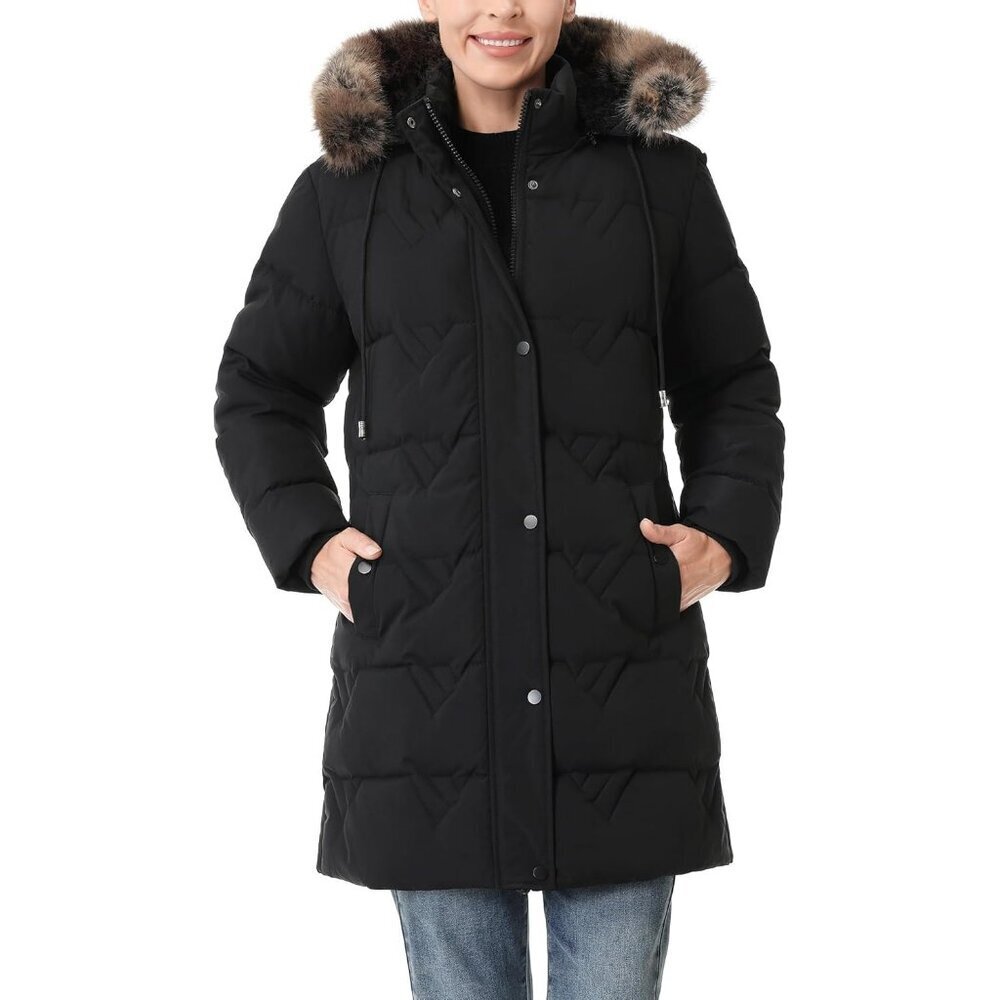 "Women's Black Waterproof Winter Coat, Long Insulated Parka with Detachable Hood - Picture 4 of 7
